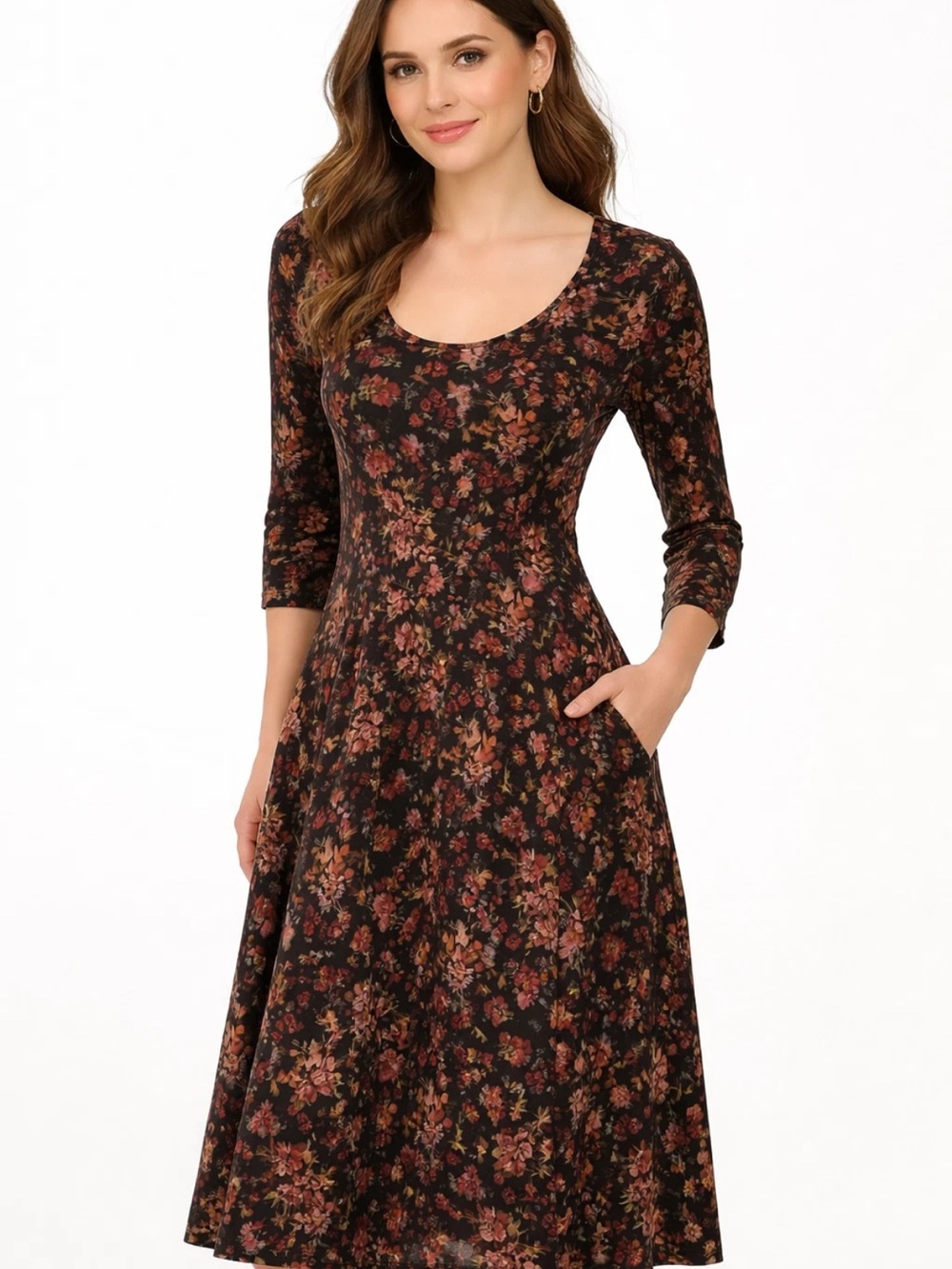 Black Floral Scoop-Neck Midi Dress - Elegant Everyday Style Drop waist Autumn